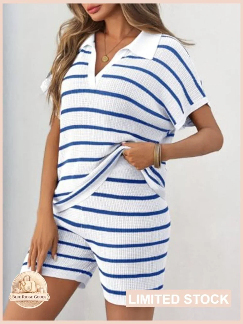 Striped Knit Short Sleeve V-Neck Top and Shorts Matching Lounge Set